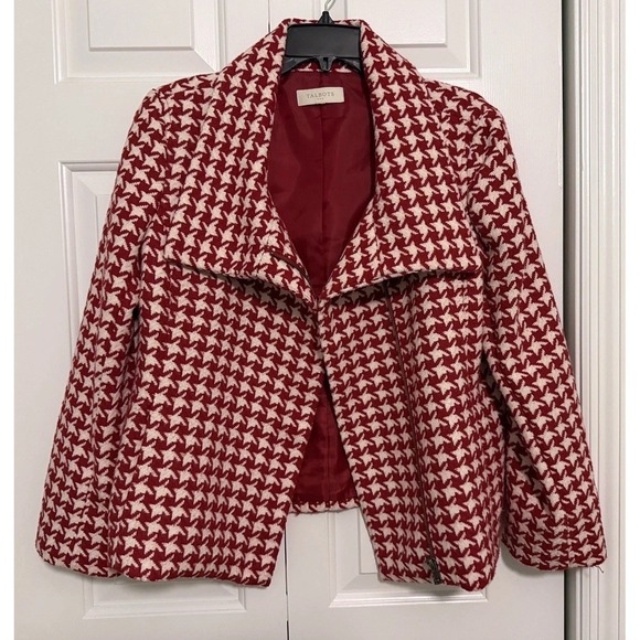 Talbots Jackets & Blazers - Talbots Moto Red White Houndstooth Wool Zip Up Jacket Size 10 Coat